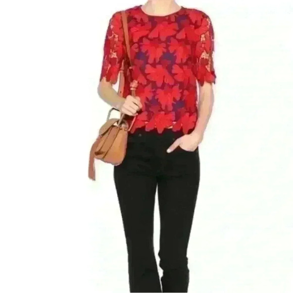 Tory Burch "Nicola" Red Lace With Blue Underlay Top Size 4 EUC!! - Picture 1 of 9